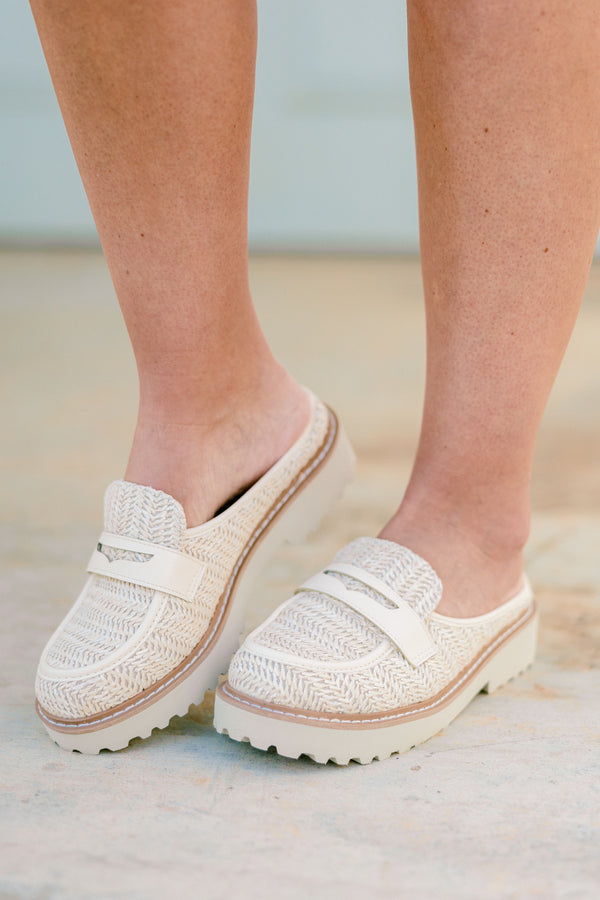 Chic Soul plus size clothing, natural colored mules with a woven pattern and a strap detail across the foot 