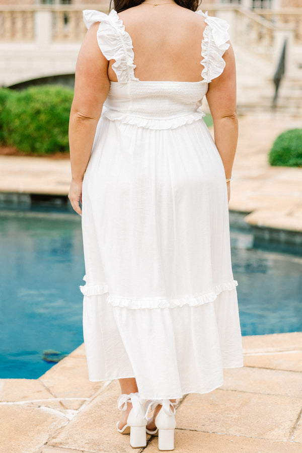 Chic Soul plus size clothing, ruffled strap white ruffled baby doll midi dress with a square-neckline