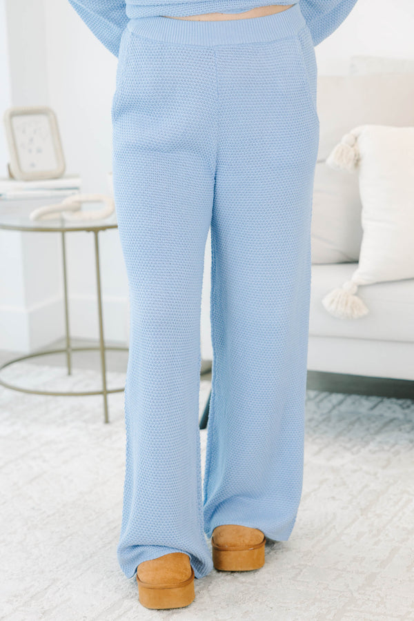 Long sleeve waffle knit blue set with matching pants and elastic waistband