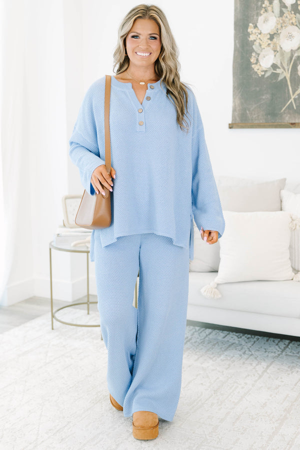 Long sleeve waffle knit blue set with matching pants and elastic waistband