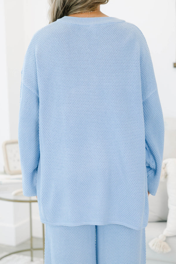Long sleeve waffle knit blue set with matching pants and elastic waistband
