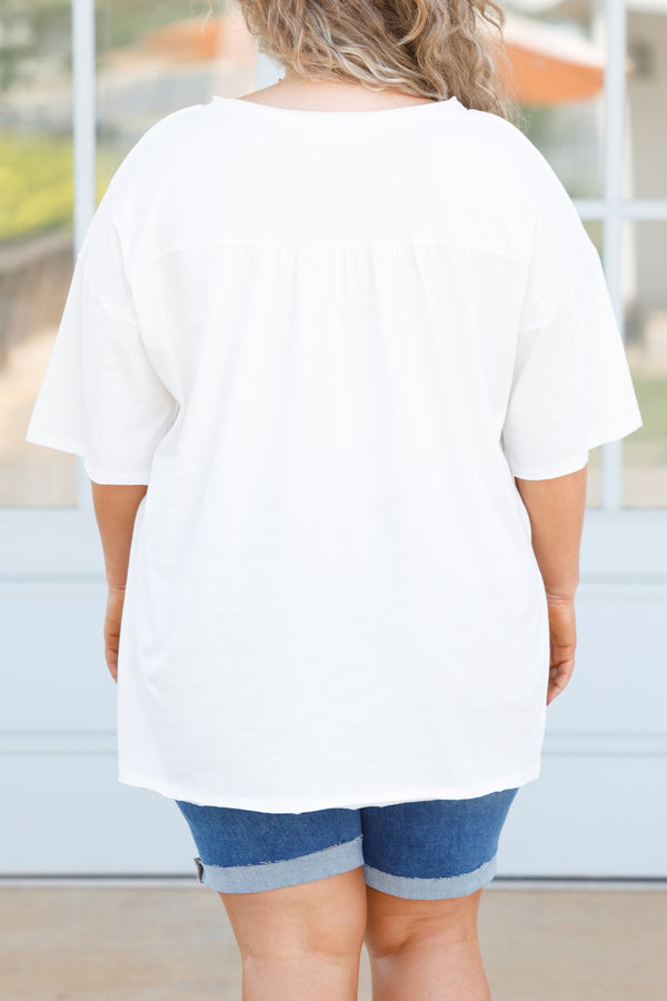 Chic Soul plus size clothing, ivory short sleeves top with a v neck and front pocket
