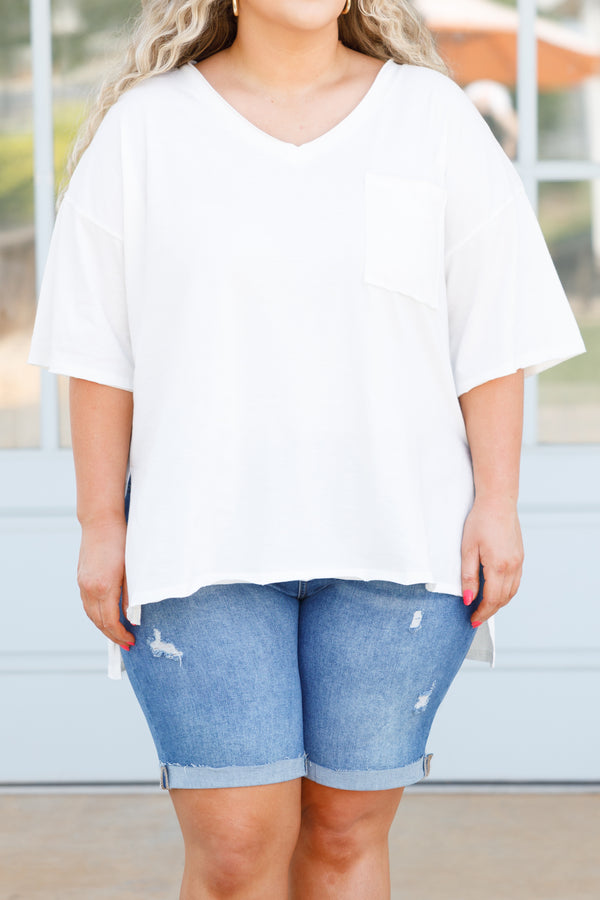 Chic Soul plus size clothing, ivory short sleeves top with a v neck and front pocket