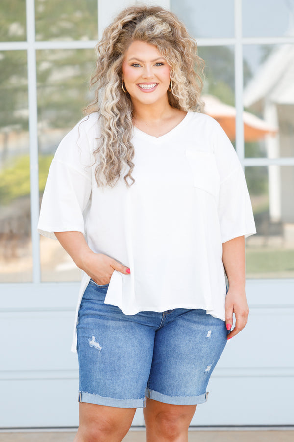 Chic Soul plus size clothing, ivory short sleeves top with a v neck and front pocket