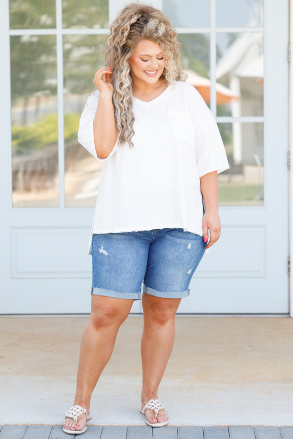 Chic Soul plus size clothing, ivory short sleeves top with a v neck and front pocket