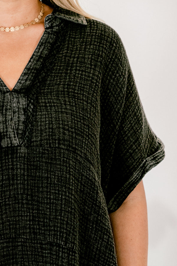 Chic Soul plus size clothing, black distressed casual short sleeve with fringe details on the ends and cuffs on the sleeves 
