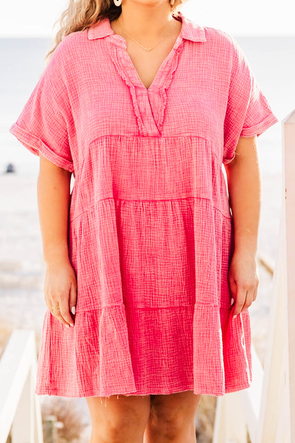 Chic Soul plus size clothing, hot pink mineral wash mini dress with short sleeves and v neckline