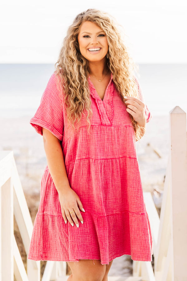 Chic Soul plus size clothing, hot pink mineral wash mini dress with short sleeves and v neckline