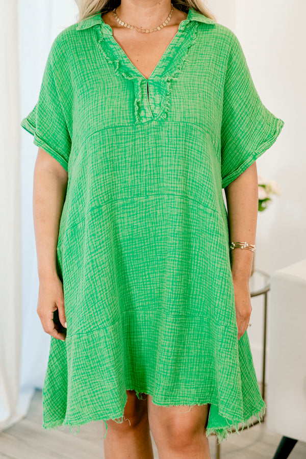 Chic Soul plus size clothing, kelly green short sleeve v-neck casual dress with distressed hem
