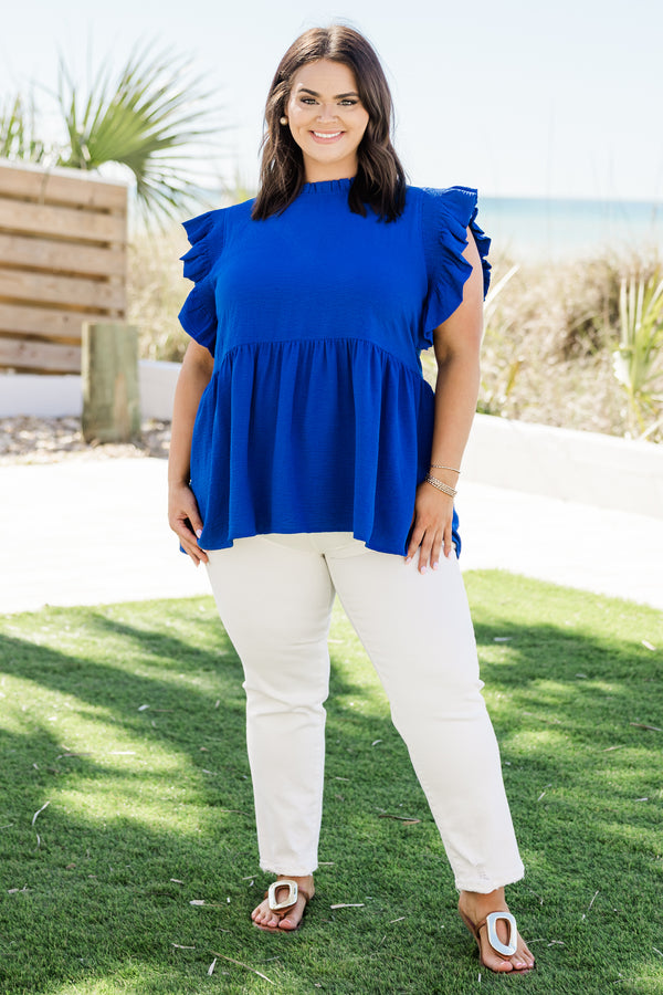 Chic Soul plus size clothing, short-flutter-sleeve royal blue ruffled baby doll top with a ruffled mockneck 