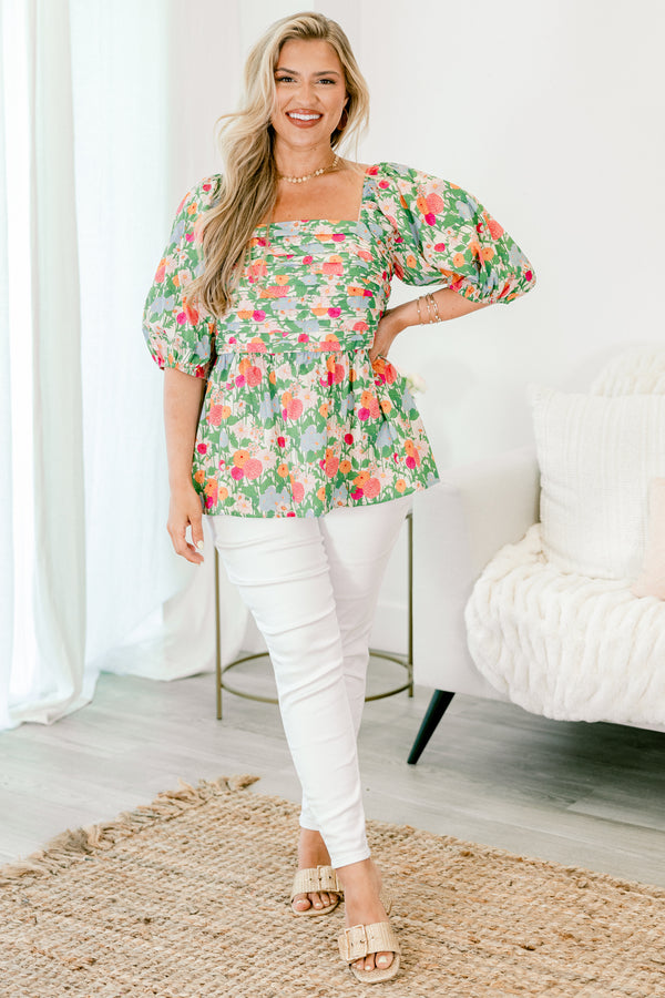 Chic Soul Plus size clothing, green floral top with bubble sleeves and rouching detail across the chest 
