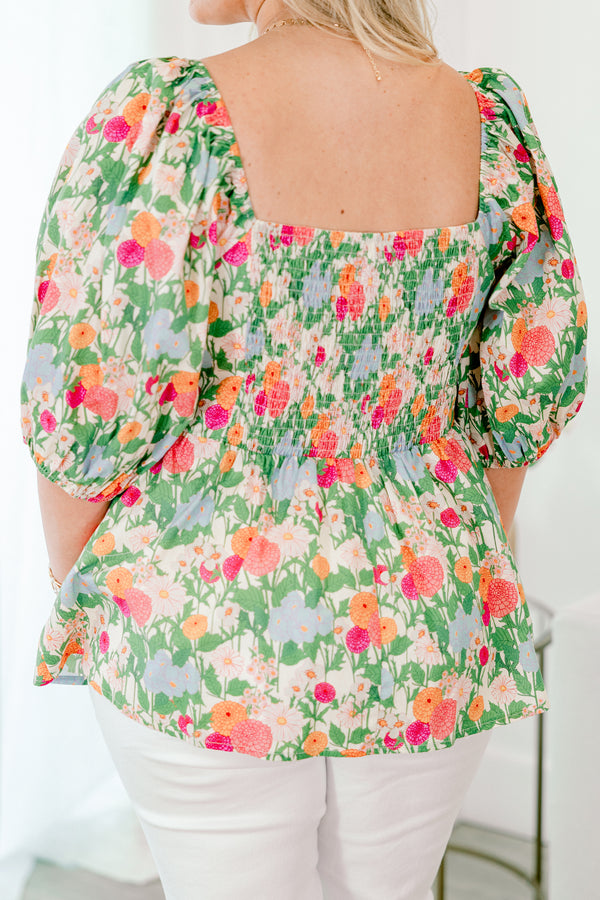 Chic Soul Plus size clothing, green floral top with bubble sleeves and rouching detail across the chest 
