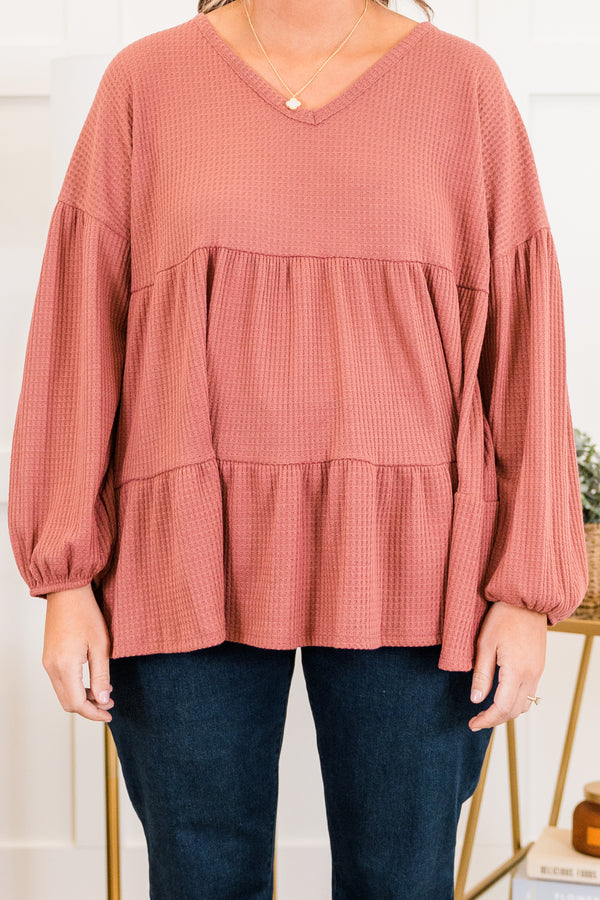 Chic Soul plus size clothing, quarter-sleeve mauve ruffled baby doll top with v-neckline and balloon ruffled sleeves 