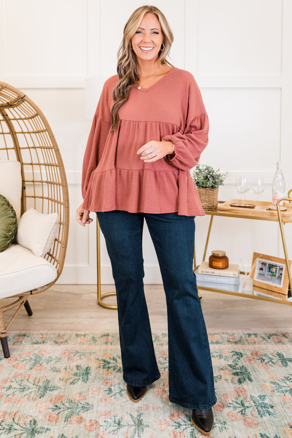 Chic Soul plus size clothing, quarter-sleeve mauve ruffled baby doll top with v-neckline and balloon ruffled sleeves 