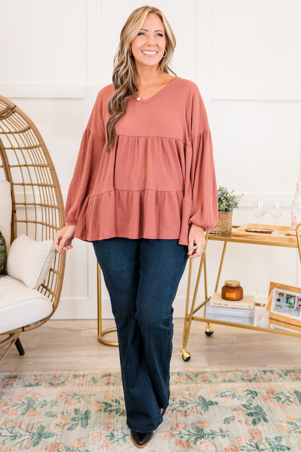 Chic Soul plus size clothing, quarter-sleeve mauve ruffled baby doll top with v-neckline and balloon ruffled sleeves 