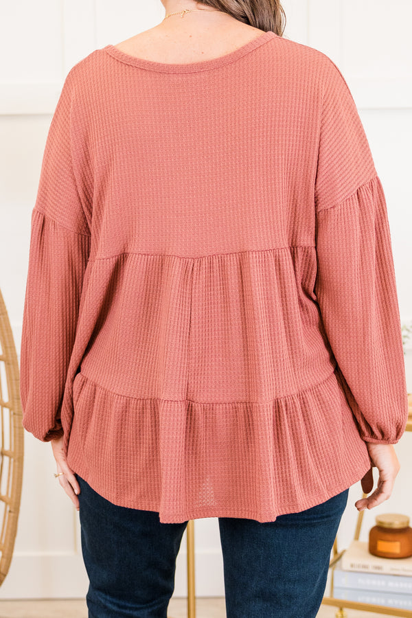 Chic Soul plus size clothing, quarter-sleeve mauve ruffled baby doll top with v-neckline and balloon ruffled sleeves 