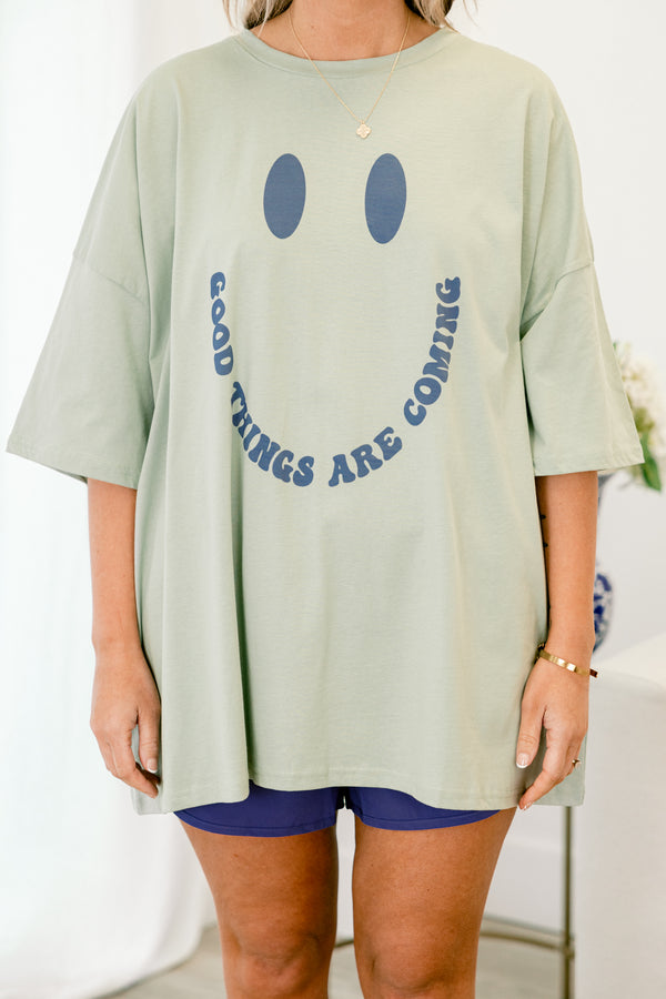 Chic Soul plus size clothing, light sage short sleeve boyfriend tee with round neckline with navy smiley graphic with 