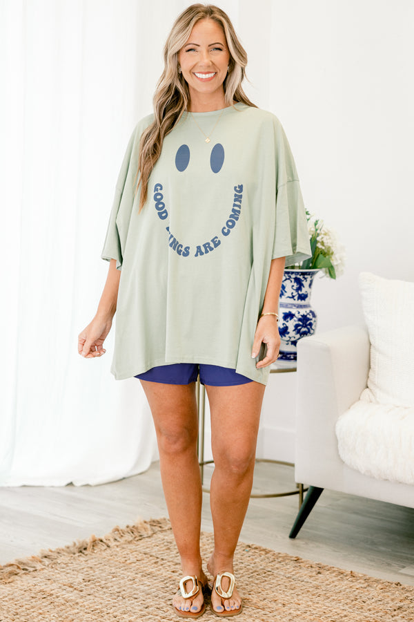 Chic Soul plus size clothing, light sage short sleeve boyfriend tee with round neckline with navy smiley graphic with 