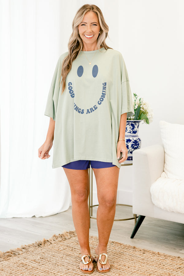 Chic Soul plus size clothing, light sage short sleeve boyfriend tee with round neckline with navy smiley graphic with 