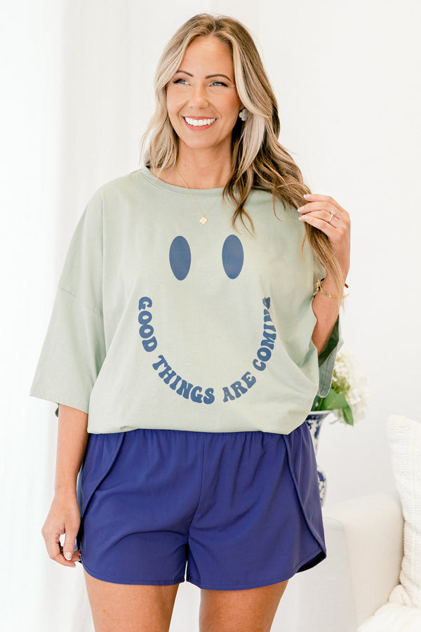 Chic Soul plus size clothing, light sage short sleeve boyfriend tee with round neckline with navy smiley graphic with 