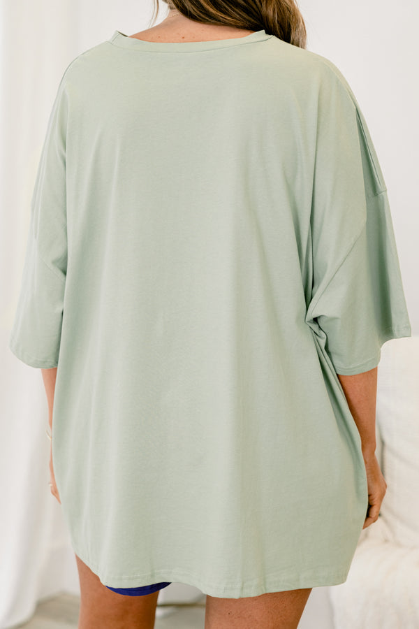 Chic Soul plus size clothing, light sage short sleeve boyfriend tee with round neckline with navy smiley graphic with 