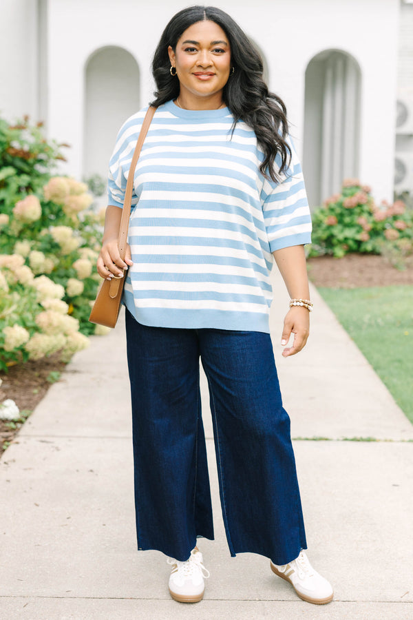 Plus Size blue and white striped drop shoulder sweater with short sleeves and a crew neckline.