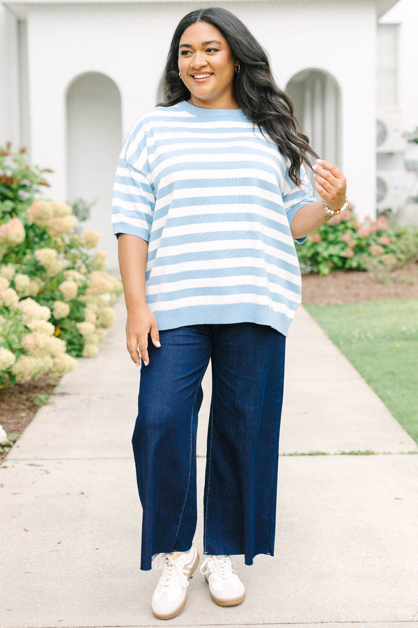 Plus Size blue and white striped drop shoulder sweater with short sleeves and a crew neckline.