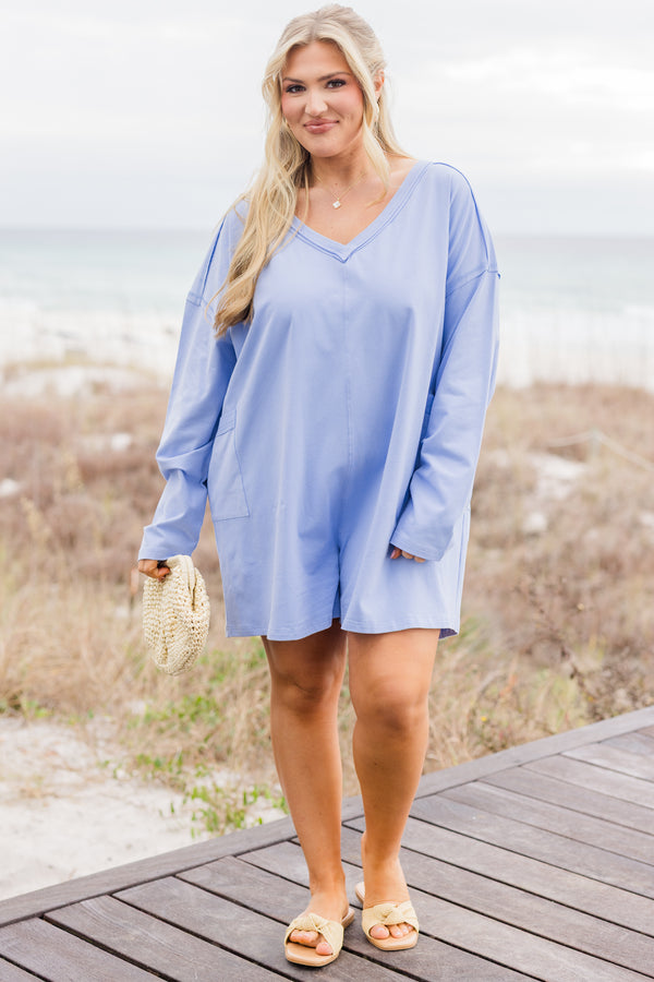 Chic Soul plus size clothing, light blue long sleeve shorts v-neck romper 