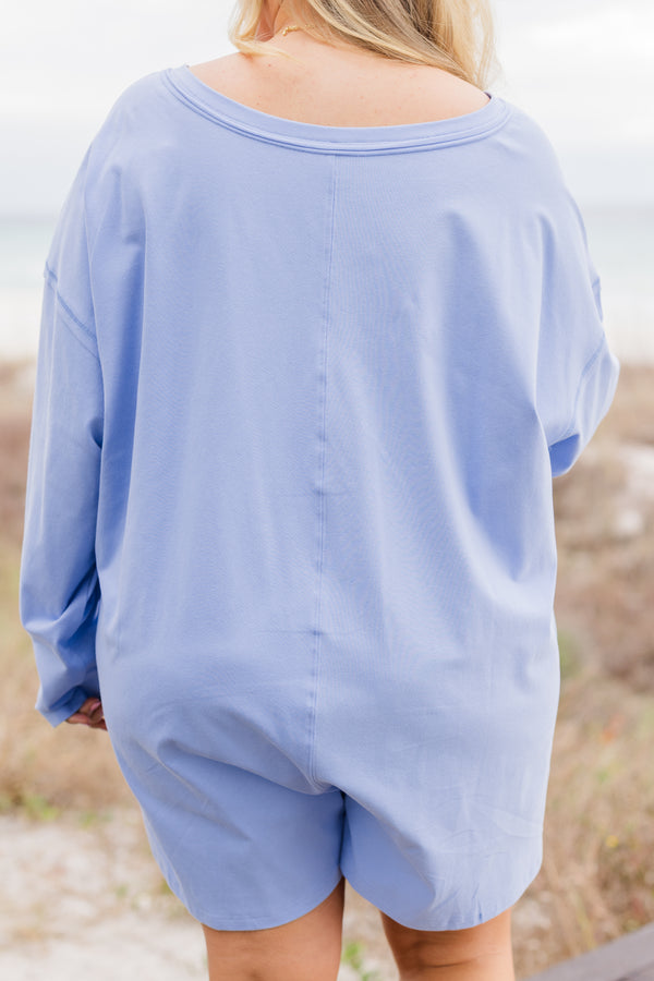 Chic Soul plus size clothing, light blue long sleeve shorts v-neck romper 