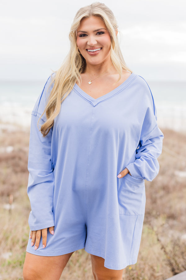 Chic Soul plus size clothing, light blue long sleeve shorts v-neck romper 