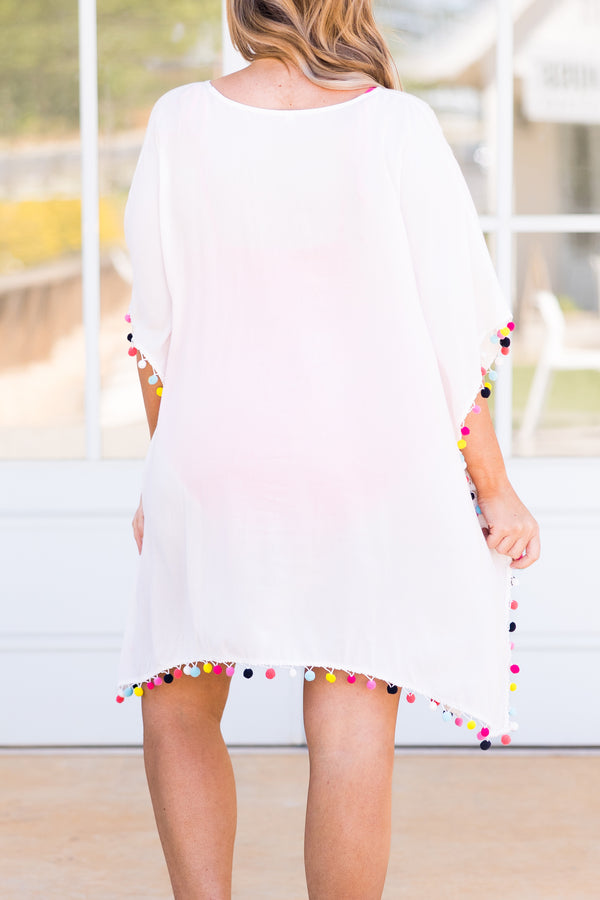 Chic Soul plus size clothing, white coverup with multicolor pom pom detailing