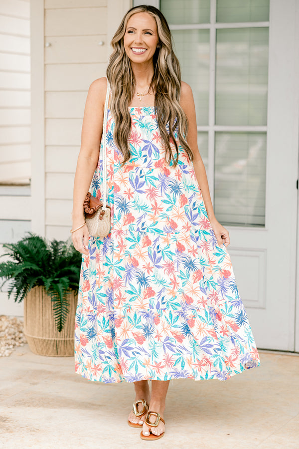 Chic soul plus size clothing, Multiple color sleeveless midi dress with a tropical print and square neckline 