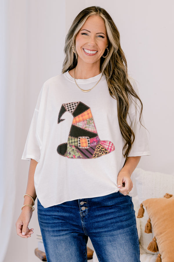 Chic Soul plus size clothing, white relaxed fit tee with patchwork patterned witches hat graphic in the center
