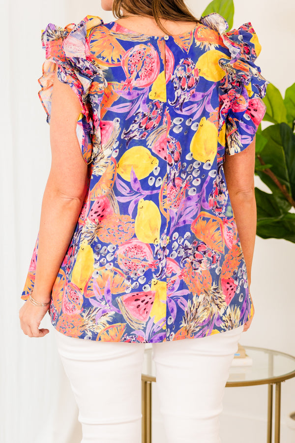 Chic Soul plus size clothing, blue short sleeve fruit print top with ruffle sleeves