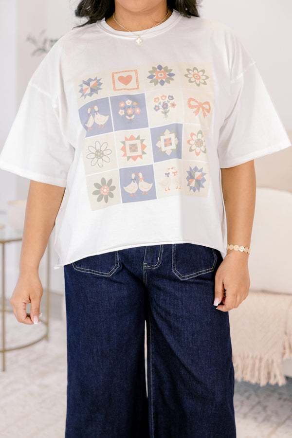 Chic Soul plus size clothing, white oversized slightly cropped tee with quilt patchwork design with geese and bows and hearts
