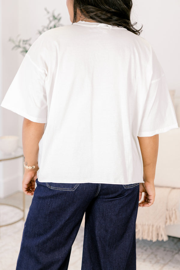 Chic Soul plus size clothing, white oversized slightly cropped tee with quilt patchwork design with geese and bows and hearts
