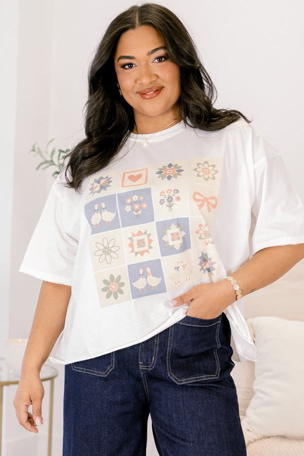 Chic Soul plus size clothing, white oversized slightly cropped tee with quilt patchwork design with geese and bows and hearts
