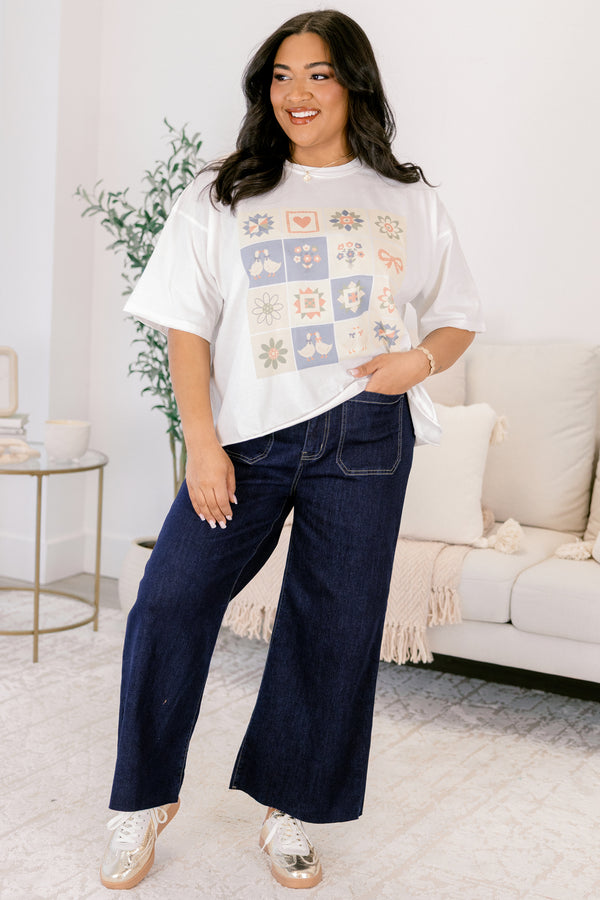 Chic Soul plus size clothing, white oversized slightly cropped tee with quilt patchwork design with geese and bows and hearts
