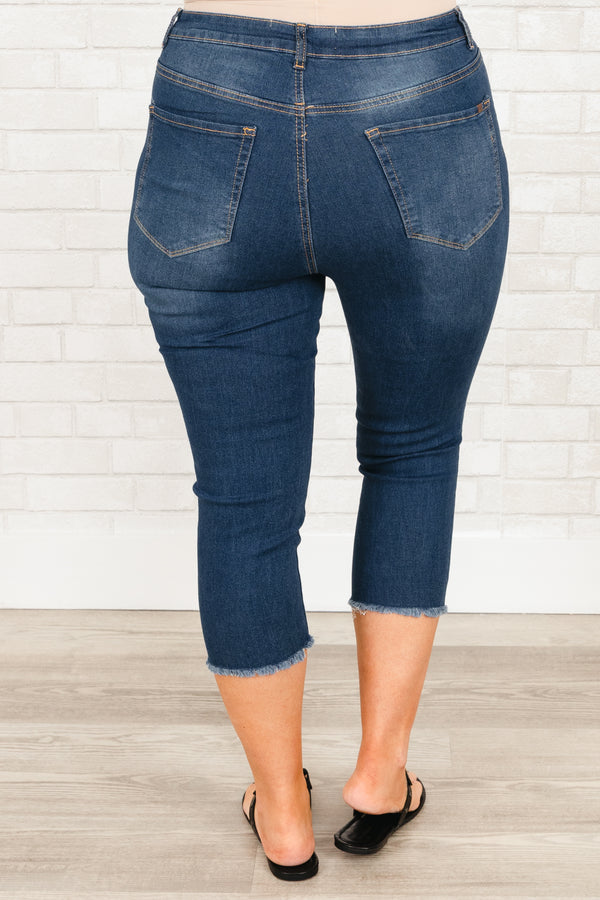 Chic Soul plus size clothing, medium wash distressed denim capris with frayed hemline