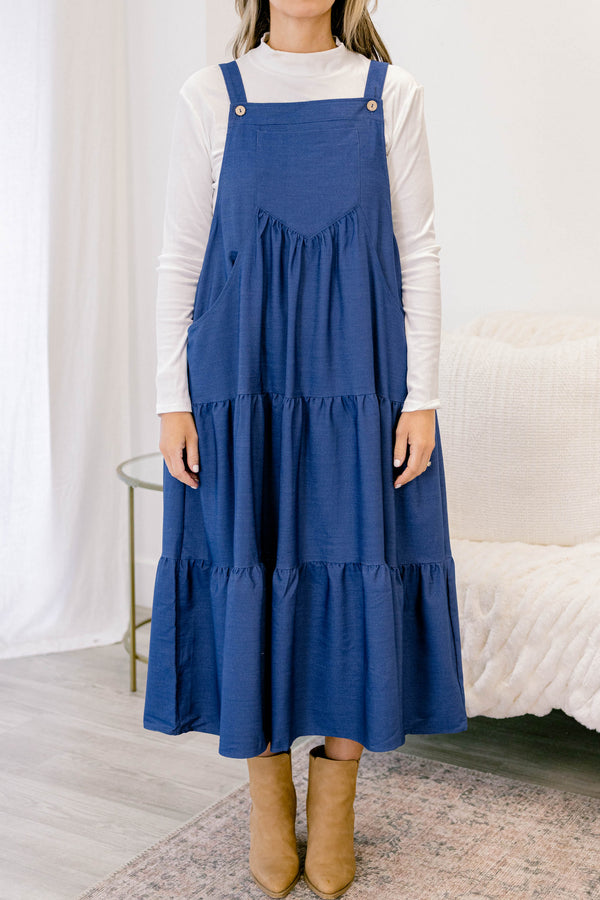 Chic Soul plus size clothing, dark denim tiered maxi dress with an overall look