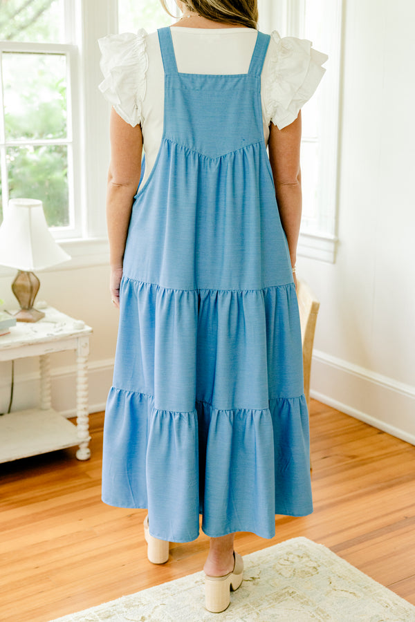 Chic Soul plus size clothing, denim blue overall midi tiered dress with pockets and button shoulder straps