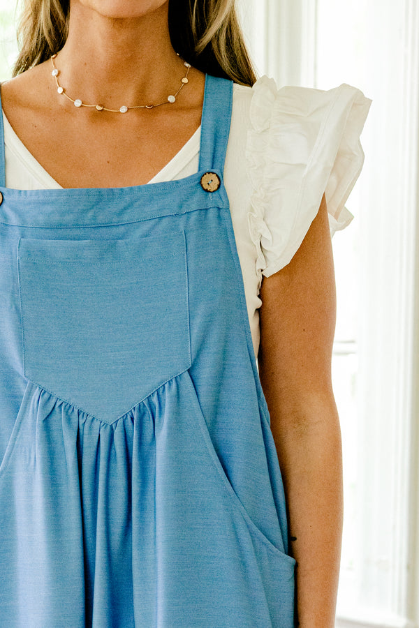 Chic Soul plus size clothing, denim blue overall midi tiered dress with pockets and button shoulder straps