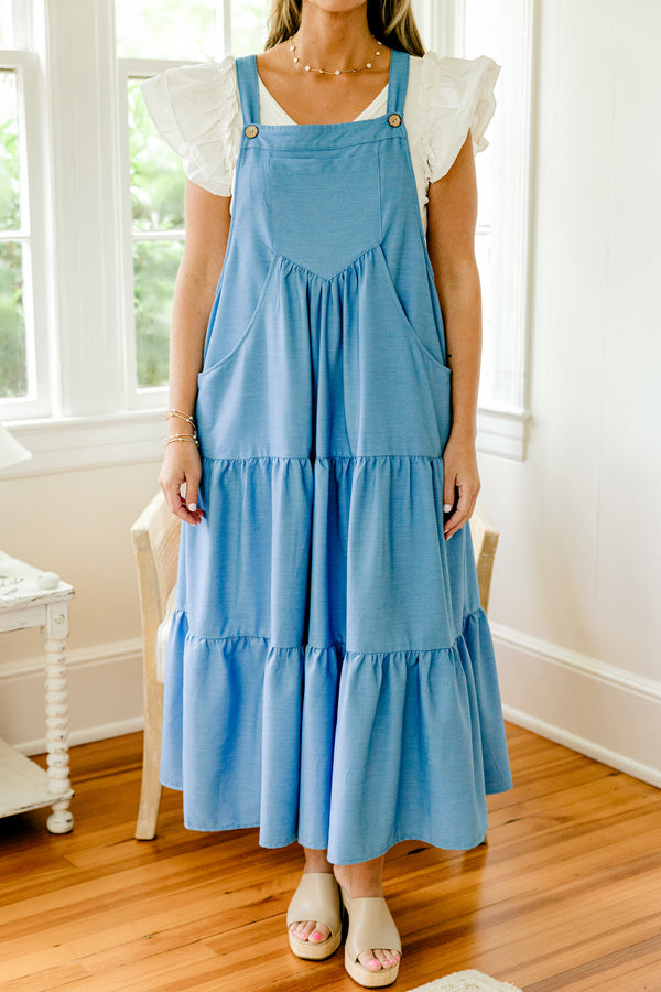 Chic Soul plus size clothing, denim blue overall midi tiered dress with pockets and button shoulder straps