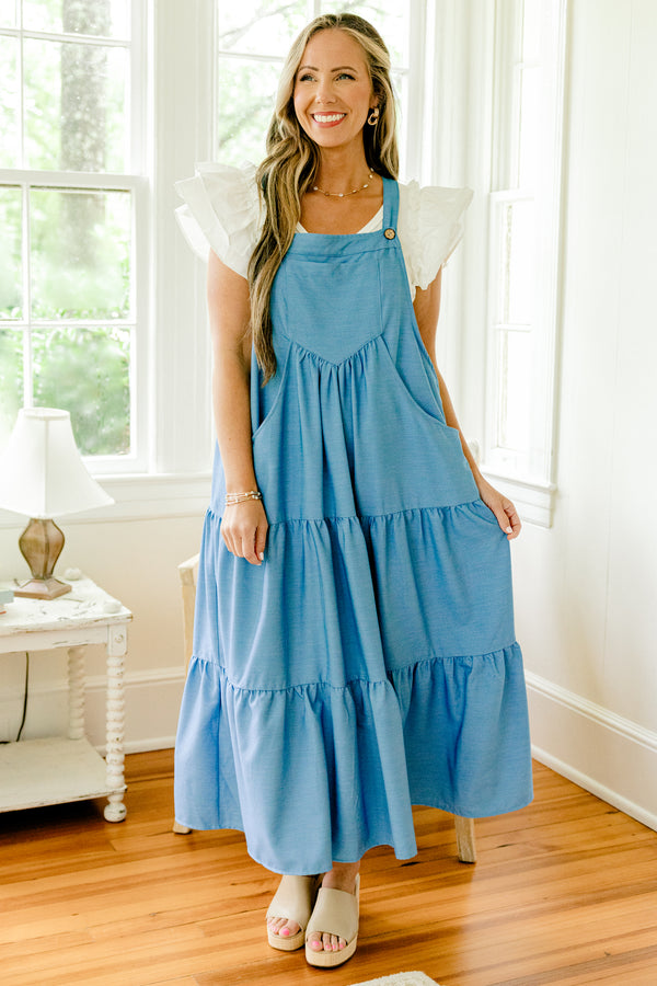 Chic Soul plus size clothing, denim blue overall midi tiered dress with pockets and button shoulder straps