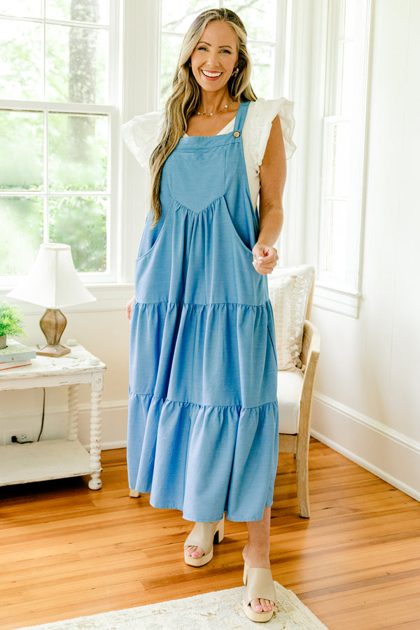 Chic Soul plus size clothing, denim blue overall midi tiered dress with pockets and button shoulder straps