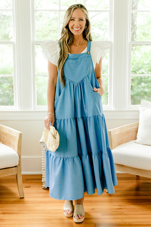 Chic Soul plus size clothing, denim blue overall midi tiered dress with pockets and button shoulder straps
