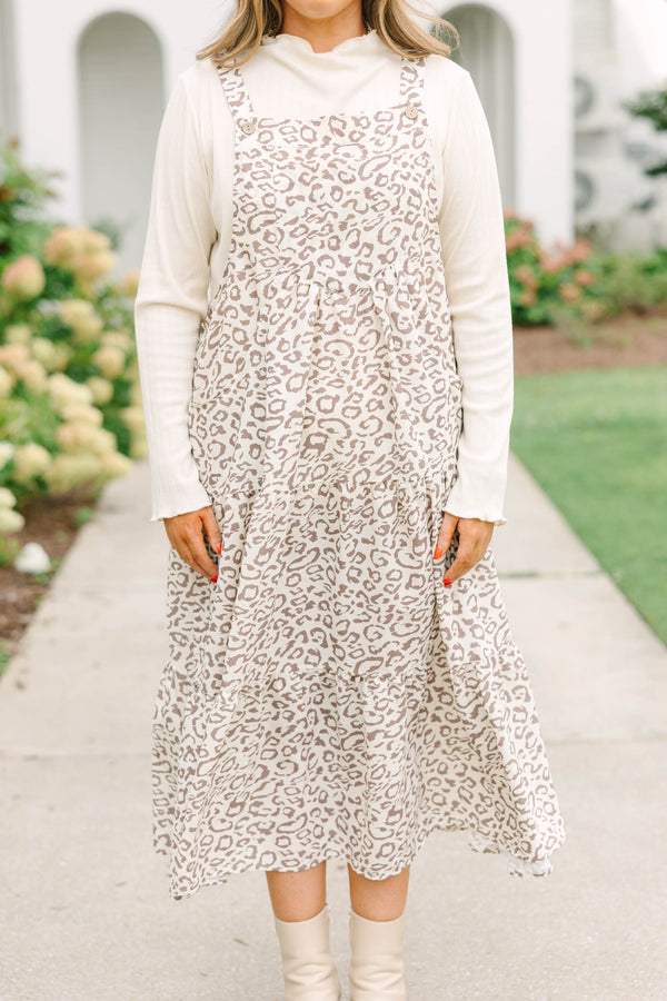 Plus Size light brown leopard print midi dress with a tiered skirt, pinafore style, and pockets.