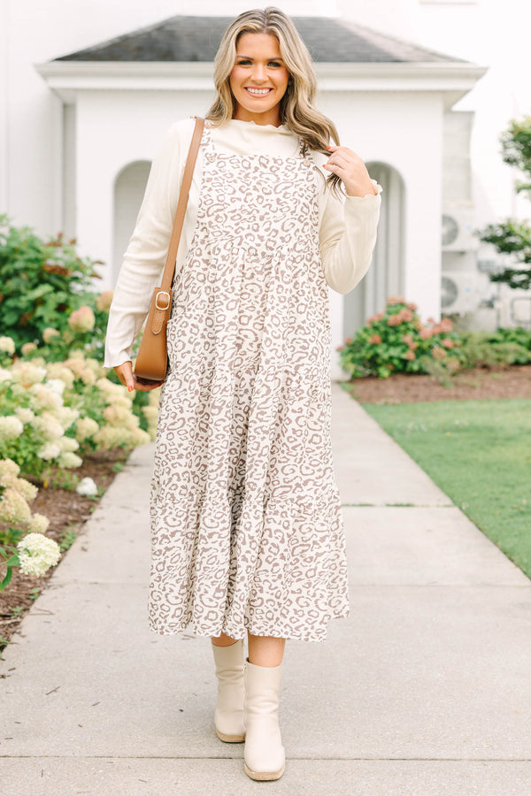 Plus Size light brown leopard print midi dress with a tiered skirt, pinafore style, and pockets.