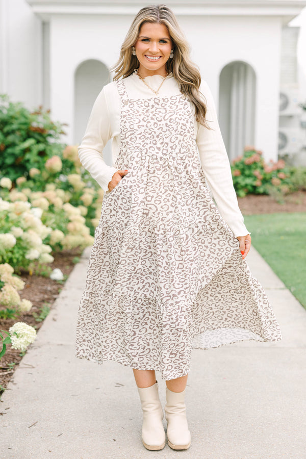 Plus Size light brown leopard print midi dress with a tiered skirt, pinafore style, and pockets.