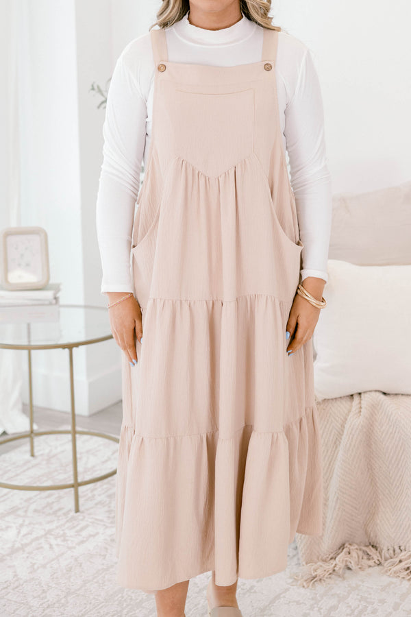 Chic Soul plus size clothing, light tan sleeveless tiered maxi dress with buttons on the straps and a large front pocket on the chest